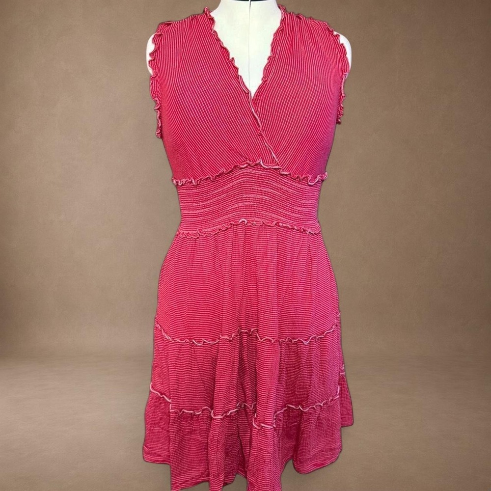 Max Studio Red Stripe Ruffle Tiered Mini Dress Women's M Cottagecore Coquette